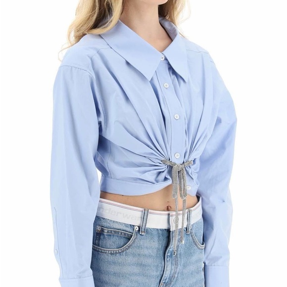 Alexander Wang Crystal Trim Cropped Shirt Blue Cotton Size M Authentic - Picture 6 of 6